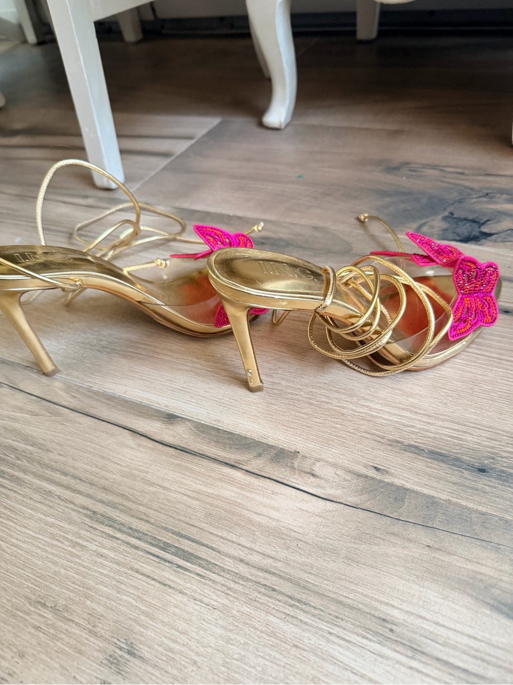 INC International Concepts Gold Lace-Up Heels with Hot Pink Butterfly Appliqués - Picture 4 of 5
